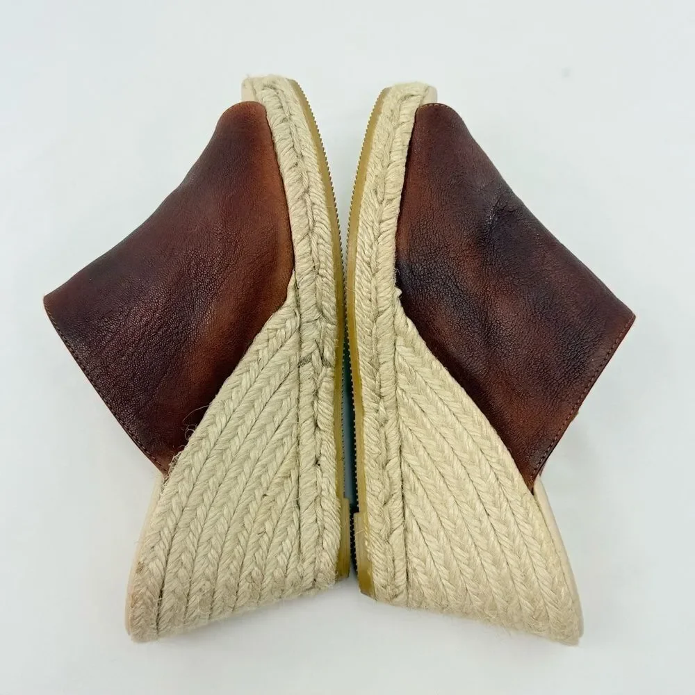Gaimo Anthropologie GOSSA Brown Leather Open Toe Wedge Heel Espadrille Sandals
